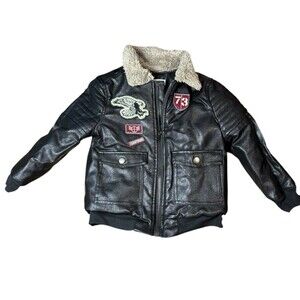 Epic Threads Boys Bomber Jacket Faux Leather Patches Black Size 3T Eagle Captain